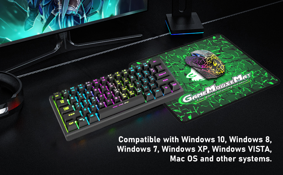 Kabellos Gaming Tastatur und Maus Combo Set: Бездротова ігрова клавіатура та миша, 2.4 GHz, 3800 mAh, тиха, 61 клавіша, компактна, Rainbow LED підсвічування, 2400 DPI, 6 кнопок, чорний