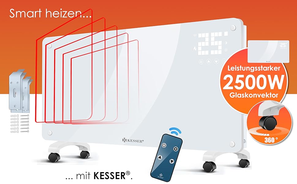 Електричний конвектор KESSER® з Wi-Fi керуванням та пультом дистанційного керування | 2500 Вт | Скло | Настінний/Підлоговий | LCD-дисплей, таймер, сенсорне управління