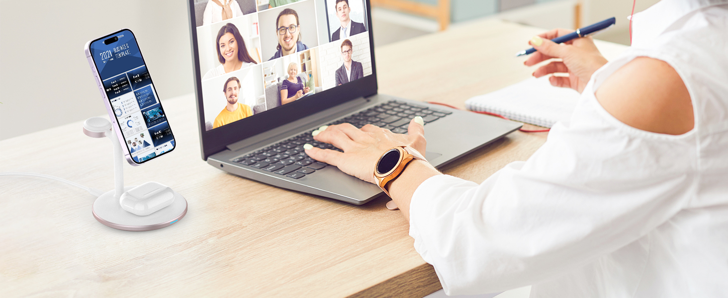 База для бездротової зарядки 3-в-1: iPhone, iWatch, AirPods. 15W, MagSafe, рожеве золото