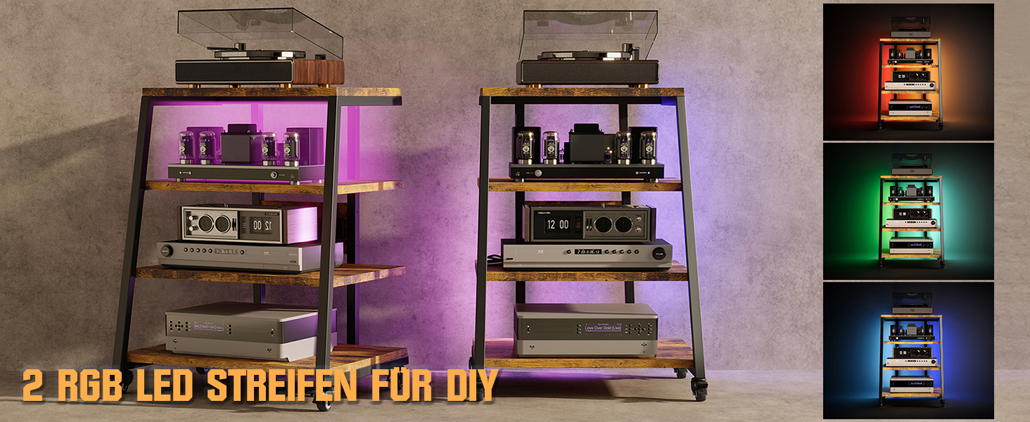 Hi-Fi тумба з колесами для програвача, з розетками, LED підсвіткою, дерев'яний медіа-стійка для аудіо, стерео, TV, 60x52x78 см