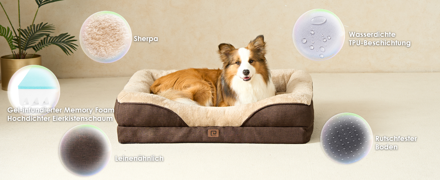 Orthopedic Dog Bed for Large Dogs, Memory Foam, Washable and Waterproof Dog Basket with 4 Sides, Dog Sofa/Dog Couch, Non-Slip, 106.5x76x18.5 cm (91 x 68 x 17.5 cm (L x W x H), Brown)