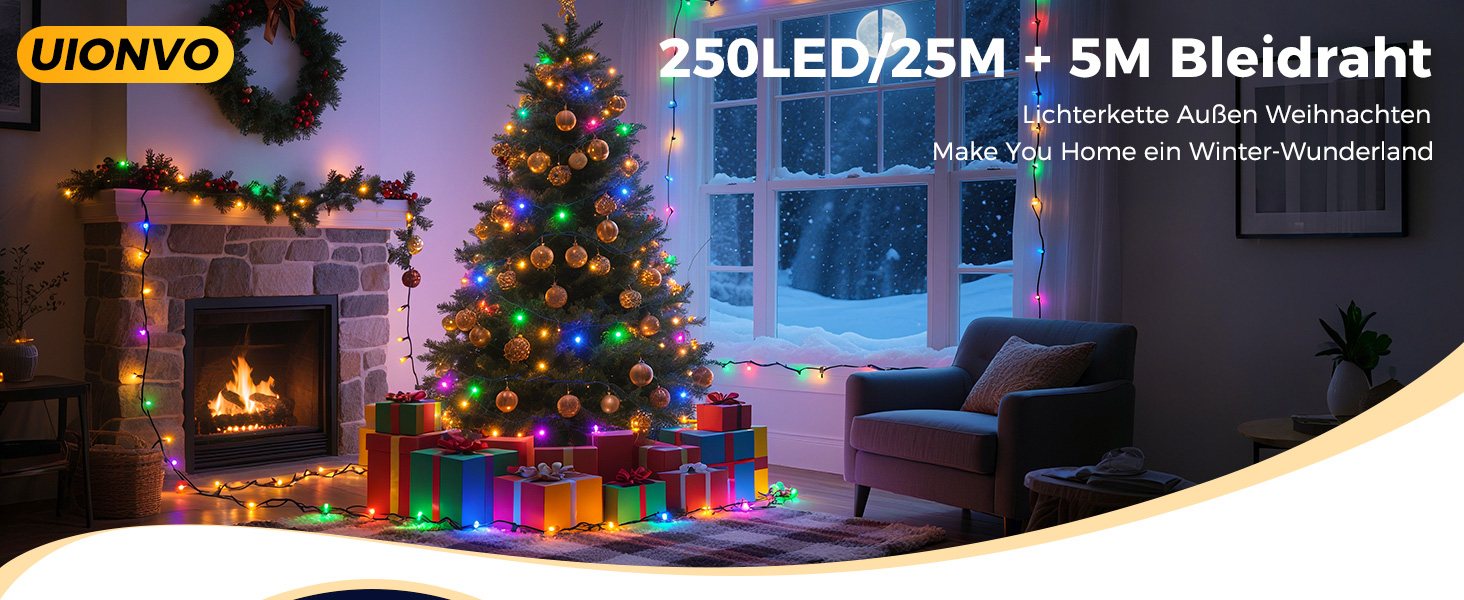 LED гірлянда на ялинку: 250 LED, тепле біле світло, 25 м, IP44, 8 режимів, таймер, для дому та саду