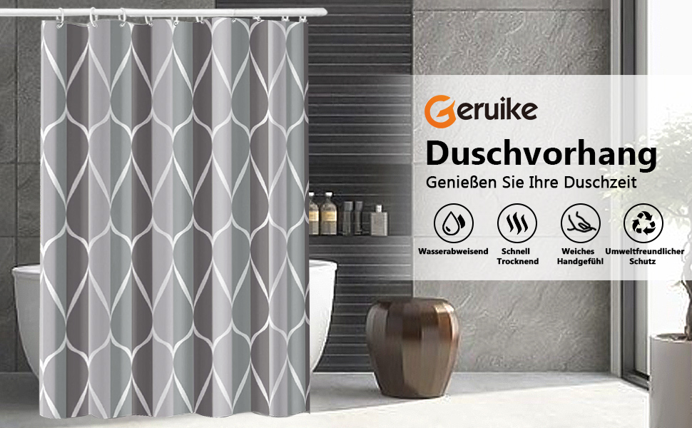Шторка для душу Geruike 180x200 см, водонепроникна, текстильна, з кільцями, поліестер, з вантажем, багатобарвна, для ванни (хвильовий сірий градієнт, H200 x B240 см)