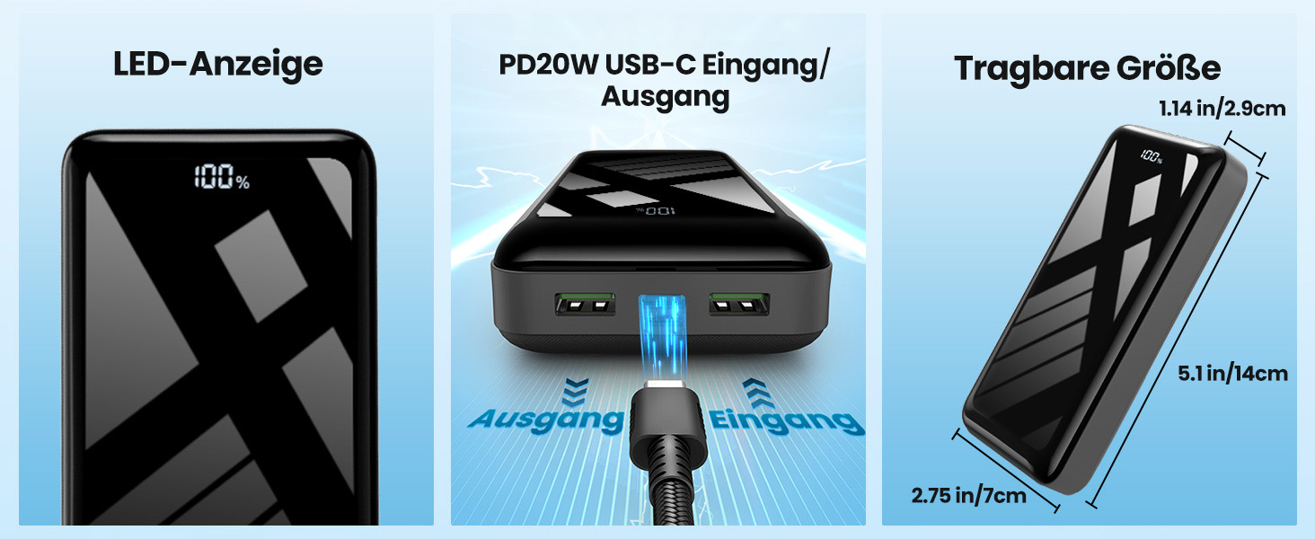 Power Bank 27000mAh з LED-дисплеєм, 22.5W PD20W USB-C, чорний. Сумісний з iPhone 16/15/14/13/12/11 Pro