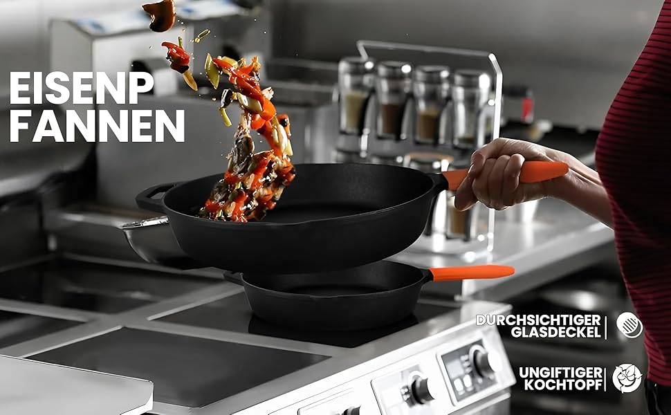 Сковорода NutriChef 30 см з кришкою, антипригарна, чавунна, з високим бортиком і силіконовою ручкою, для індукції, газу, електро- та керамічних плит, без PFOA та PFOS