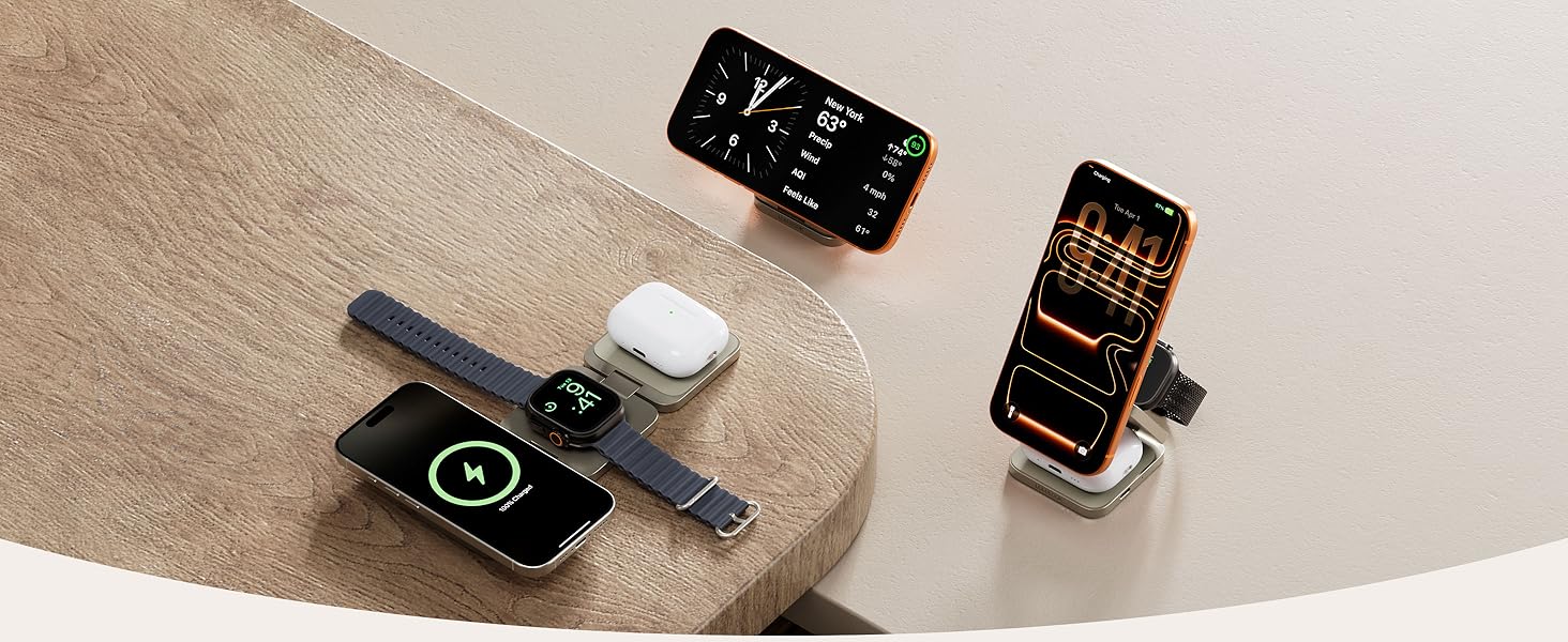 Зарядний пристрій 3-в-1 LULULOOK Ultra Kompakt Qi2.2 25W MagSafe для iPhone 17/16, Apple Watch та AirPods, GaN 45W, Титан