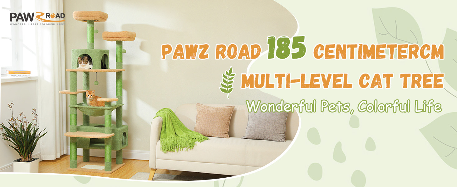 Котячий комплекс PAWZ Road для великих котів з гамаком, 7 стійками для дряпання, великою стійкою, висотою 184 см, корзинами (зелений)