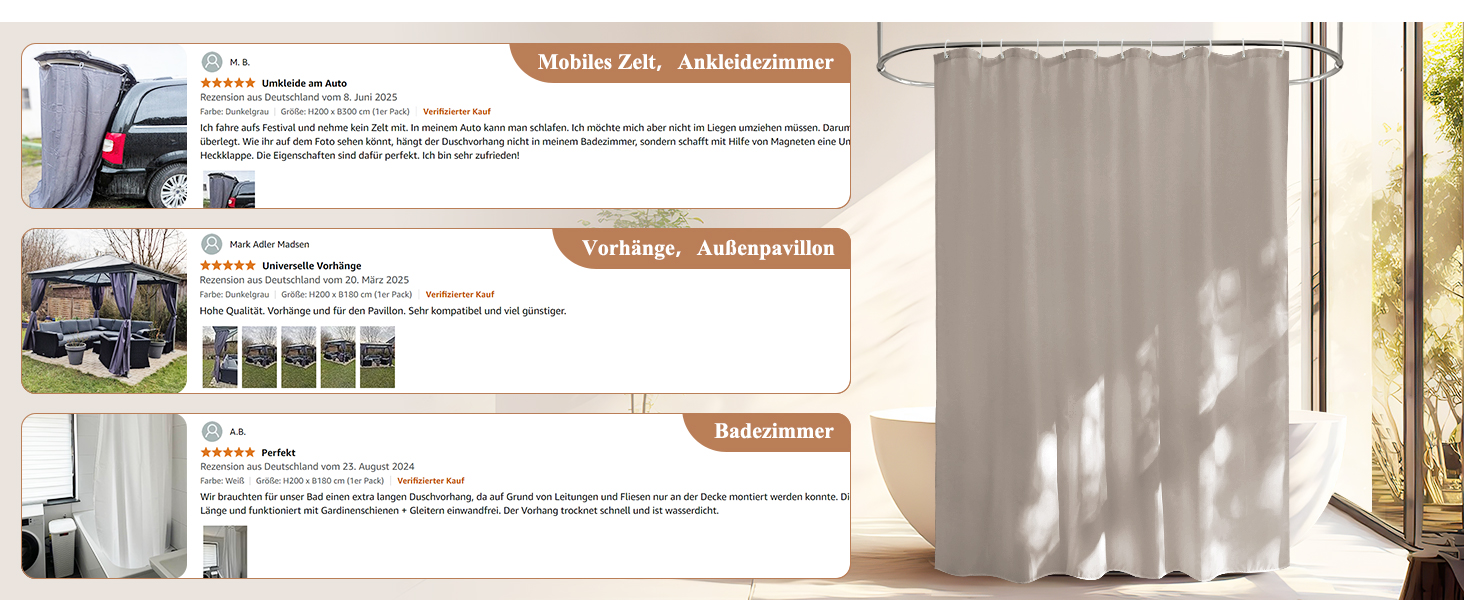 Штора для душу EurCross 180x200 см, текстильна, водонепроникна, бежева. З антигрибковим покриттям, машинне прання, з 12 кільцями