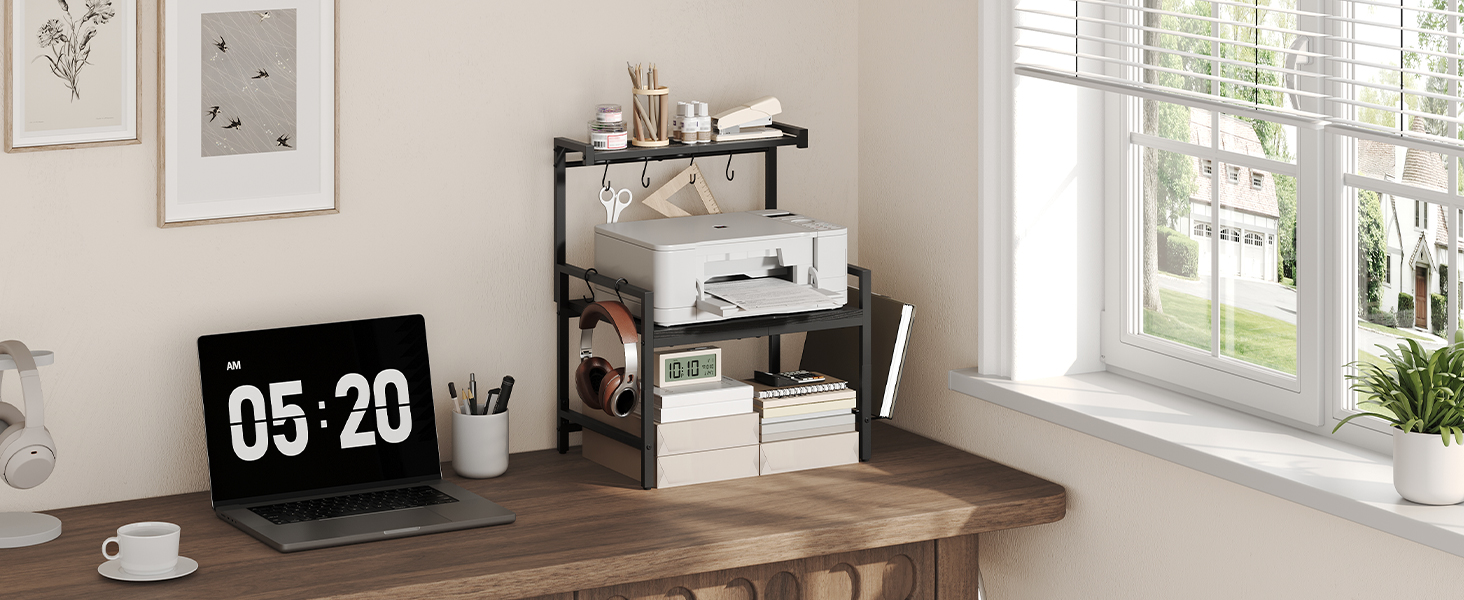 Поличка для мікрохвильової печі, кухонна поличка, 2 яруси, з підставкою для обробної дошки, органайзер з 8 гачками, чорний, ABRBN5301