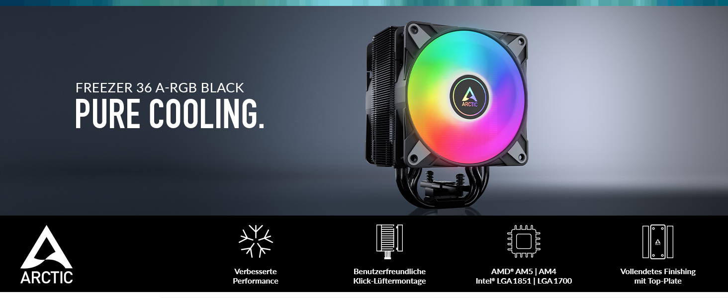 ARCTIC Freezer 36 A-RGB: Кулер для CPU з Push-Pull та RGB підсвічуванням для Intel та AMD, Single-Tower, 2 вентилятори 120 мм, 200–2000 rpm, гідродинамічне підшипник, з термопастою MX-6, Чорний