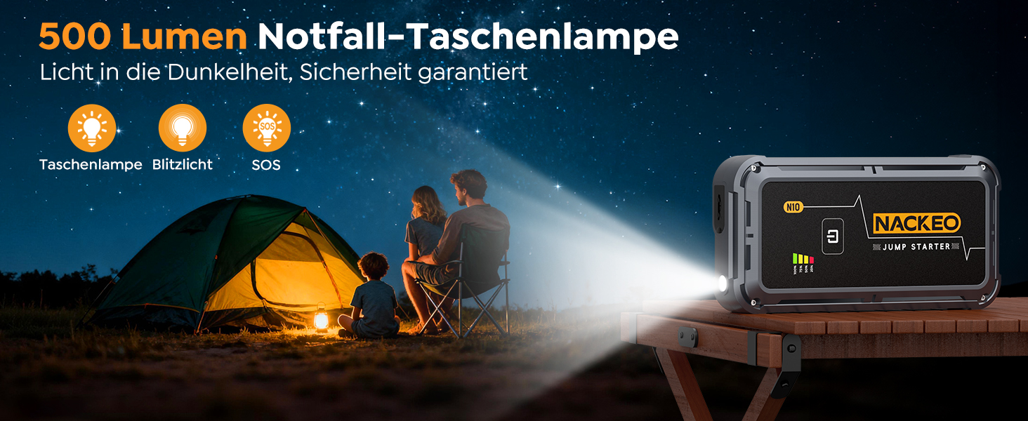 Портативний акумулятор Starthilfe для автомобіля, 12V, бустер для запуску двигуна (бензин до 10L, дизель), з кабелями та LED ліхтариком, для SUV, вантажівок, мотоциклів (5000A)