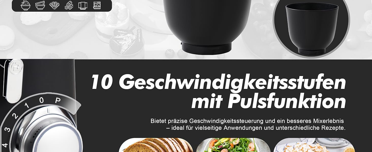 Кухонний комбайн Kitchen in the box, планетарний міксер з чашами 4,5 л та 5 л, 1300 Вт, 10+ швидкостей, з насадками (гак, міксер, вінчик), чорний