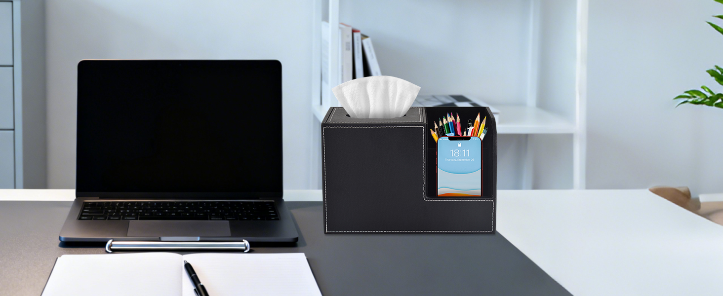 Організатор для серветок з шкіри, коробка для тканинних серветок, квадратна, з тримачем для пульта, чорний