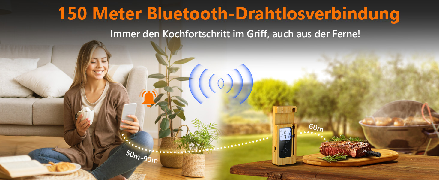 Бездротовий термометр для м'яса AIRMSEN з LCD-дисплеєм, Bluetooth, водонепроникний IPX8, керамічна ручка, додаток для керування, для гриля, духовки та барбекю