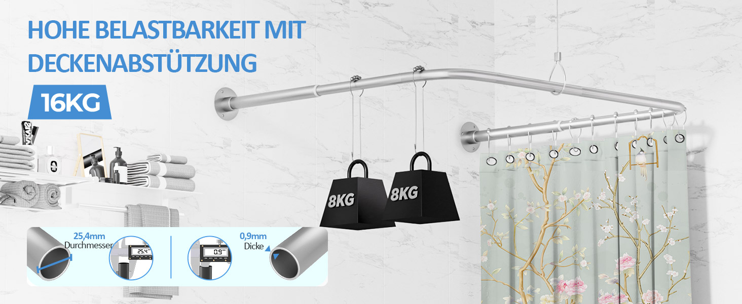 Регульована душова штанга U-подібної/L-подібної форми, 60-92 x 78-196 x 60-92 см, з 12 кільцями для шторки та підпоркою для стелі, для ванни/ванної кімнати, срібна