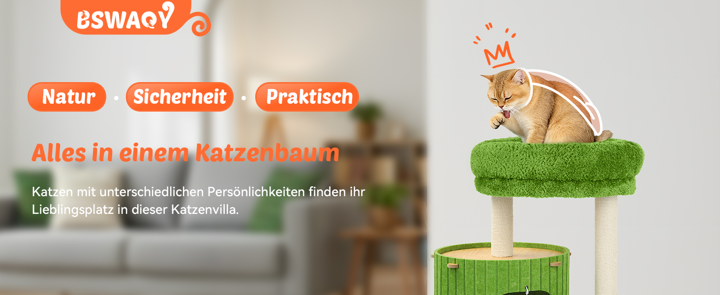 Котячий будиночок з подряпувачем Luxus: широка колона з берези, міцний, до 25 кг, сизаль, велике ліжко з подушкою з льону, легко збирається (зелений)