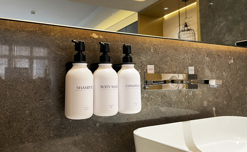 Набір диспенсерів для мила, шампуню та гелю для миття: 3 шт., 500 мл, без свердління, настінний монтаж, етикетки в комплекті, янтарний колір (чорна пляшка + біла помпа)