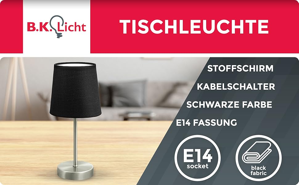 Стійка лампа B.K.Licht Vintage з абажуром з тканини, чорного кольору, 33x20 см | Стійка лампа для дому, офісу, читання