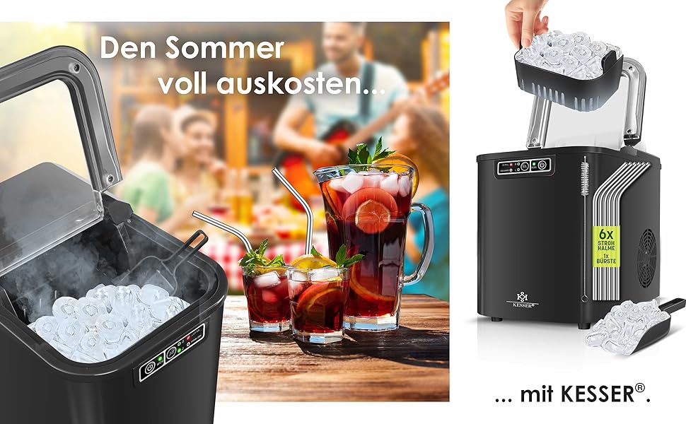 Машина для приготування льоду KESSER® з нержавіючої сталі | 12 кг льоду за 24 години | Швидке приготування (7 хв) | 2.2 л резервуар | 2 розміри кубиків льоду | LED-дисплей | Самоочищення | Чорний