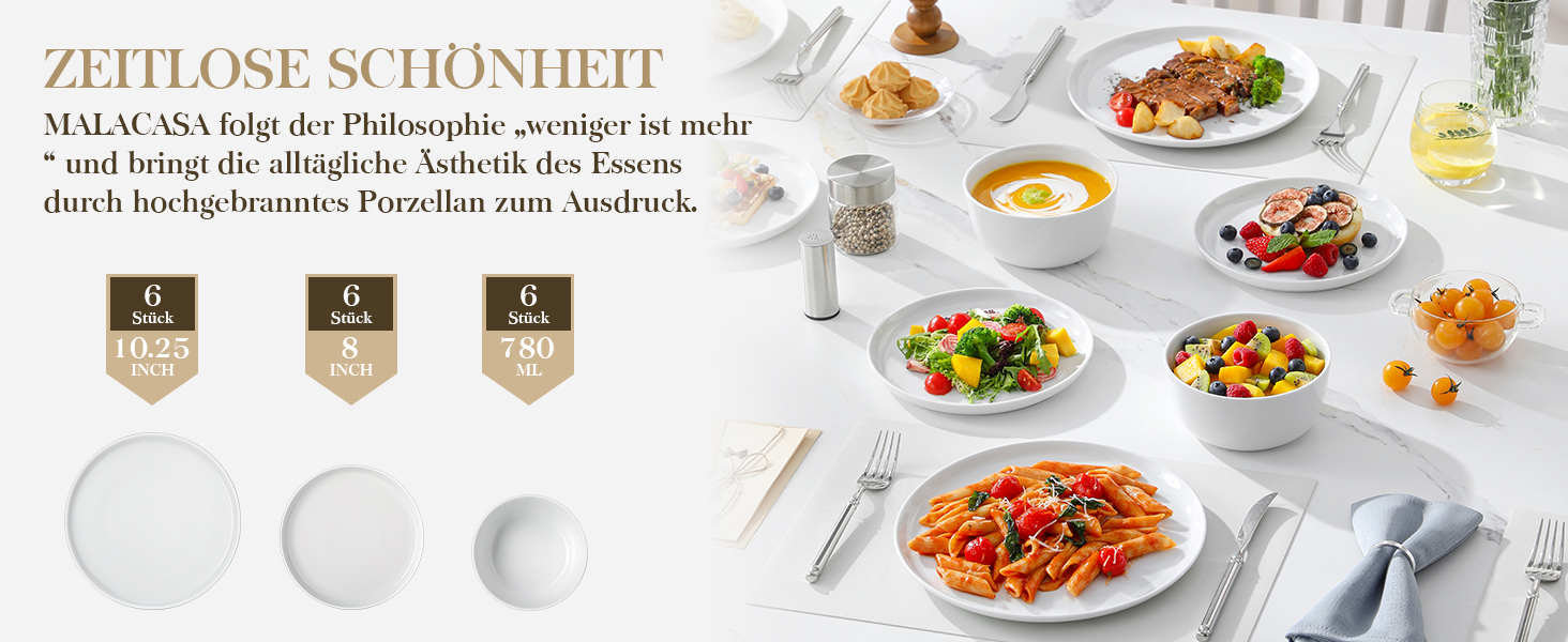 Набір посуду MALACASA LEXI 18 предметів: тарілки та миски, порцеляна, для 6 осіб, білий, сумісний з мийною машиною та мікрохвильовкою
