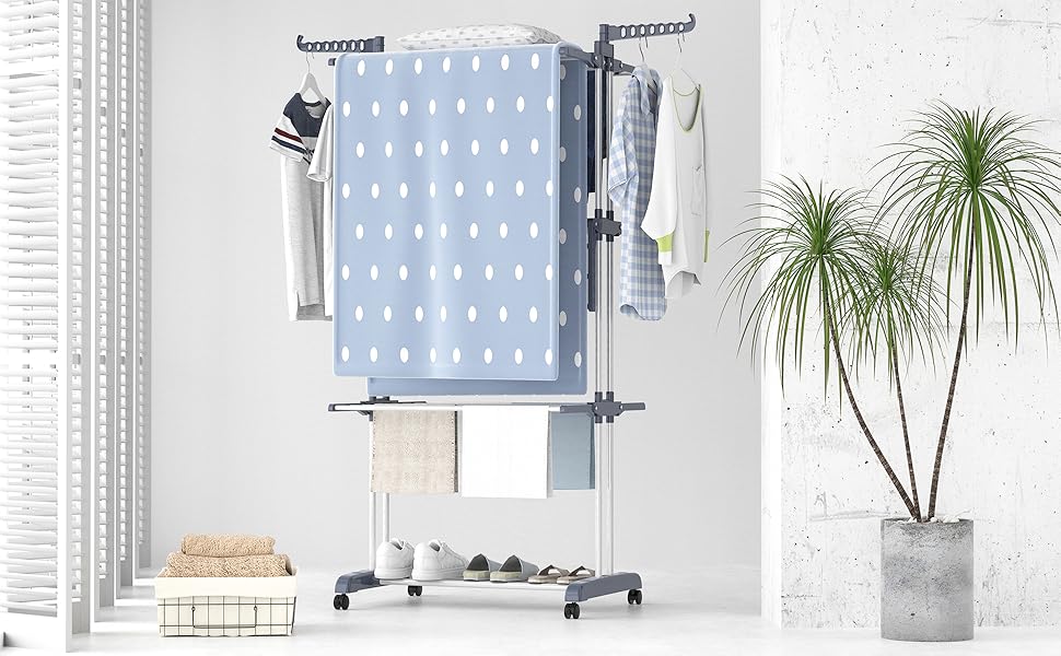Сушарка для білизни Turm, турбо сушарка для білизни з 6 розкладних крил та 2 бічні крила, мобільна сушарка для білизни з колесами для дому та вулиці (сіра)