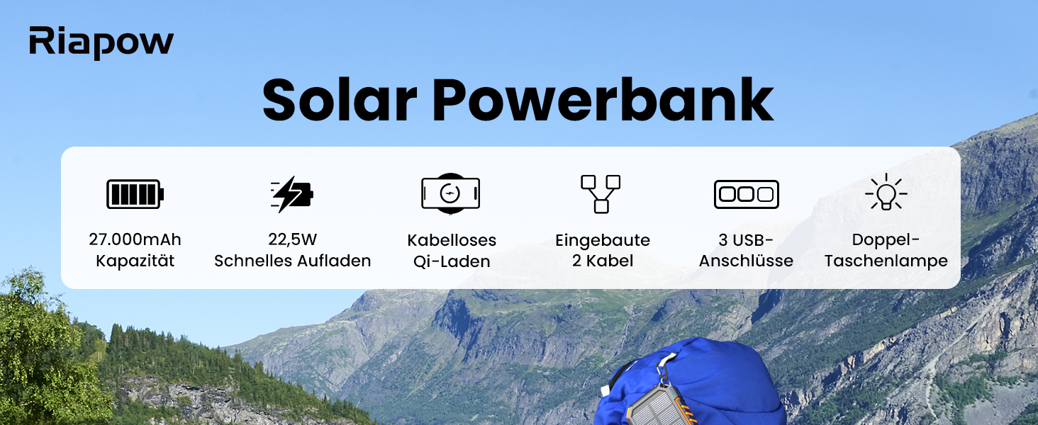 Сонячний Power Bank Riapow 27000mAh з сонячною панеллю, 22.5W, USB-C PD QC 3.0, LED-ліхтарик, 2 кабелі, для телефону та планшета, помаранчевий