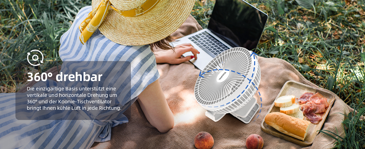 Вентилятор Koonie 10000 mAh з кліпсою, 20 см, портативний USB, акумуляторний, 4 швидкості, 360° оберт, тихий, для дому, офісу, дитячої коляски, кемпінгу, гроубокса (білий)