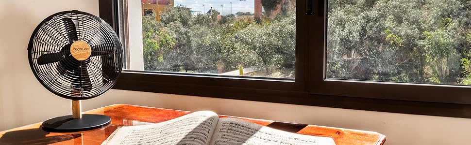 Вентилятор Cecotec EnergySilence 620 RetroDesk: 40 Вт, регульована висота, осциляція, діаметр 30.5 см, 4 лопаті, 3 швидкості, хромоване покриття, для столу, дерев'яний