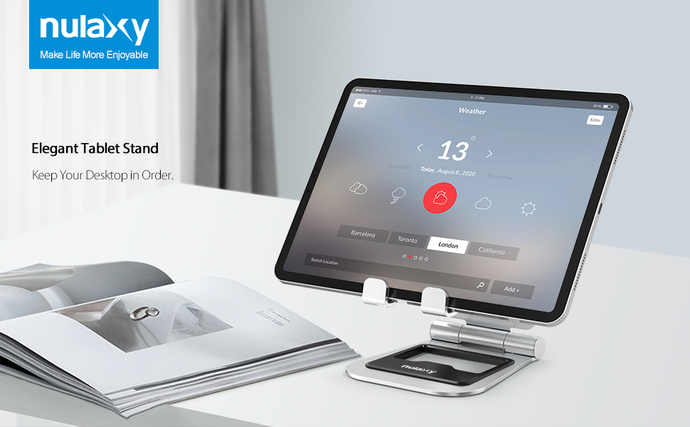 Алюмінієва подвійна складана підставка Nulaxy для iPad, планшетів та iPhone, регульований настільний тримач для Kindle, Pro/Air/Mini, чорний (B-Sрібло)