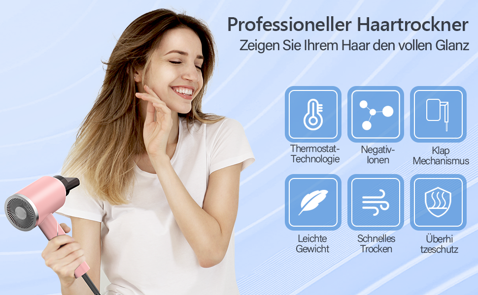 Фен іонний складний DEWILY Profi для подорожей, компактний, тихий, 3 режими нагріву, для сім'ї, сірий/рожевий (з насадкою)