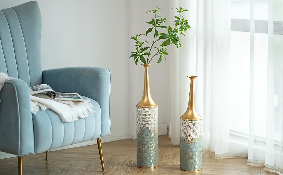 Vintage Black Tall Floor Vase Set of 3 - 68/51/41cm Metal Honeycomb Texture Matte Decorative Vases for Living Room, Dining Room, Bedroom, Hallway, Office