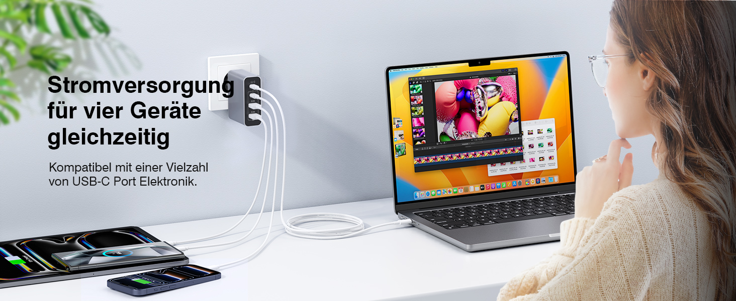 Зарядний пристрій USB C 120W з USB-A, 4 порти, PD3.0, для MacBook Air, iPhone 17/16/15/14 Pro/Pro Max, Samsung та інших смартфонів - Сірий