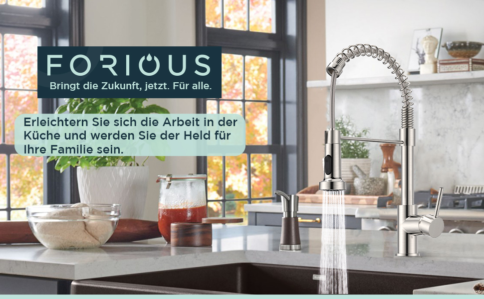 Кран кухонний FORIOUS з високим виливом, поворотний на 360°, з висувною лійкою, нержавіюча сталь, щітка