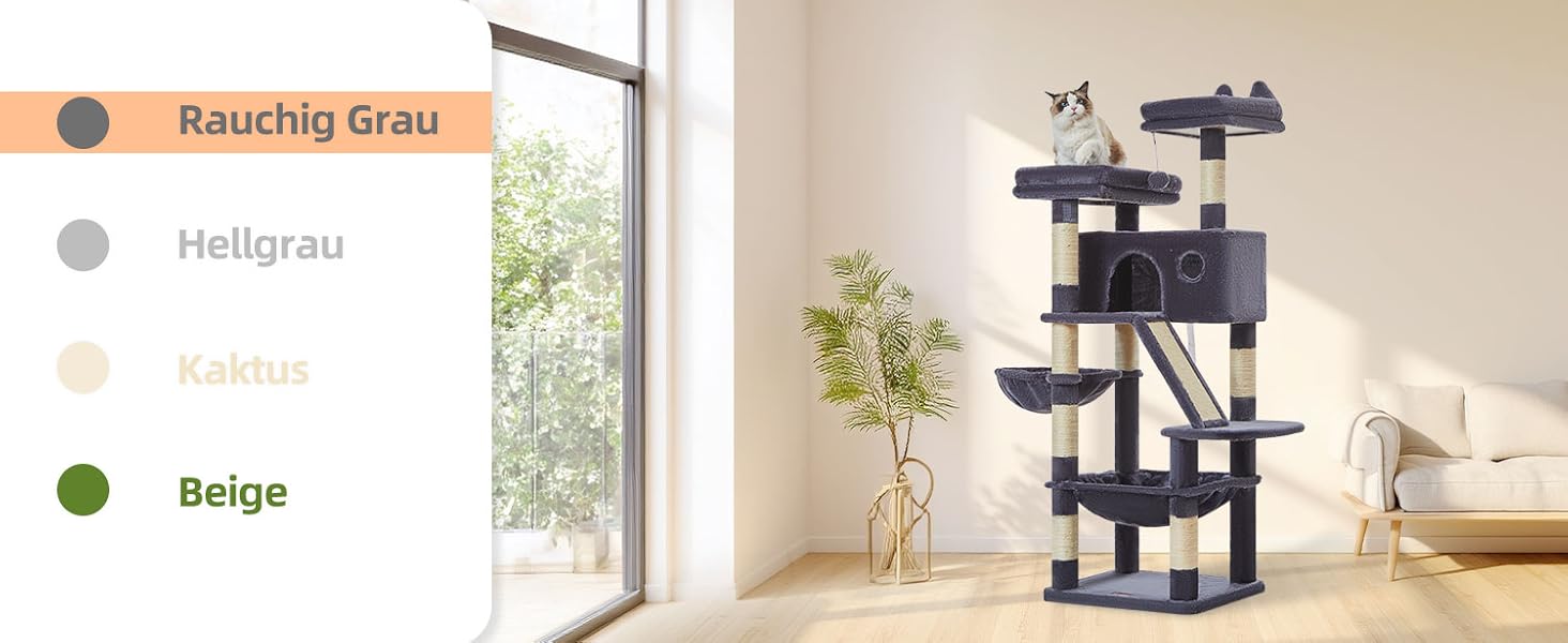 Кігтеточка для котів Taoqimiao MS026W 146 см - велика, стабільна, з 2 будиночками, гамаком, корзиною та 8 кігтеточками (світло-сірий)