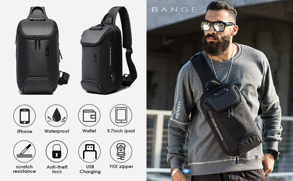 Чорний рюкзак BANGE Business Smart з USB-зарядкою, 15.6 дюймів, для ноутбука, водонепроникний, антикрадійний, середній, модний