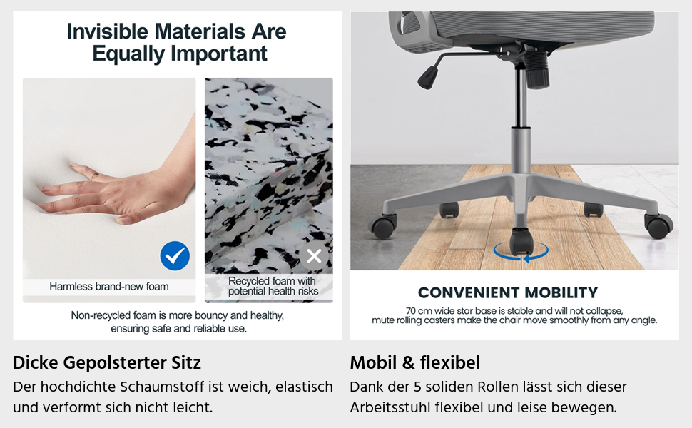 Офісний крісло Yaheetech ергономічне, з підйомними підлокітниками, поворотне з підголівником, для керівника, з функцією гойдання, до 136 кг, сірий