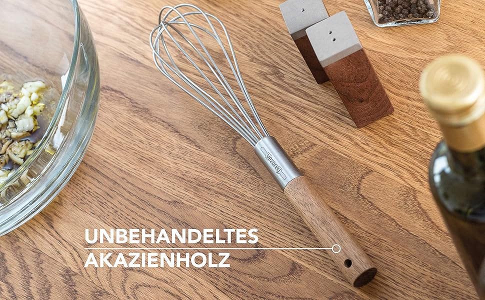 Преміум вінчик для збивання з дерев'яною ручкою з акації 28 см - високоякісний вінчик для збивання з нержавіючої сталі для кухні (стійкий до корозії) - дизайнерський вінчик та ручний вінчик з дерева