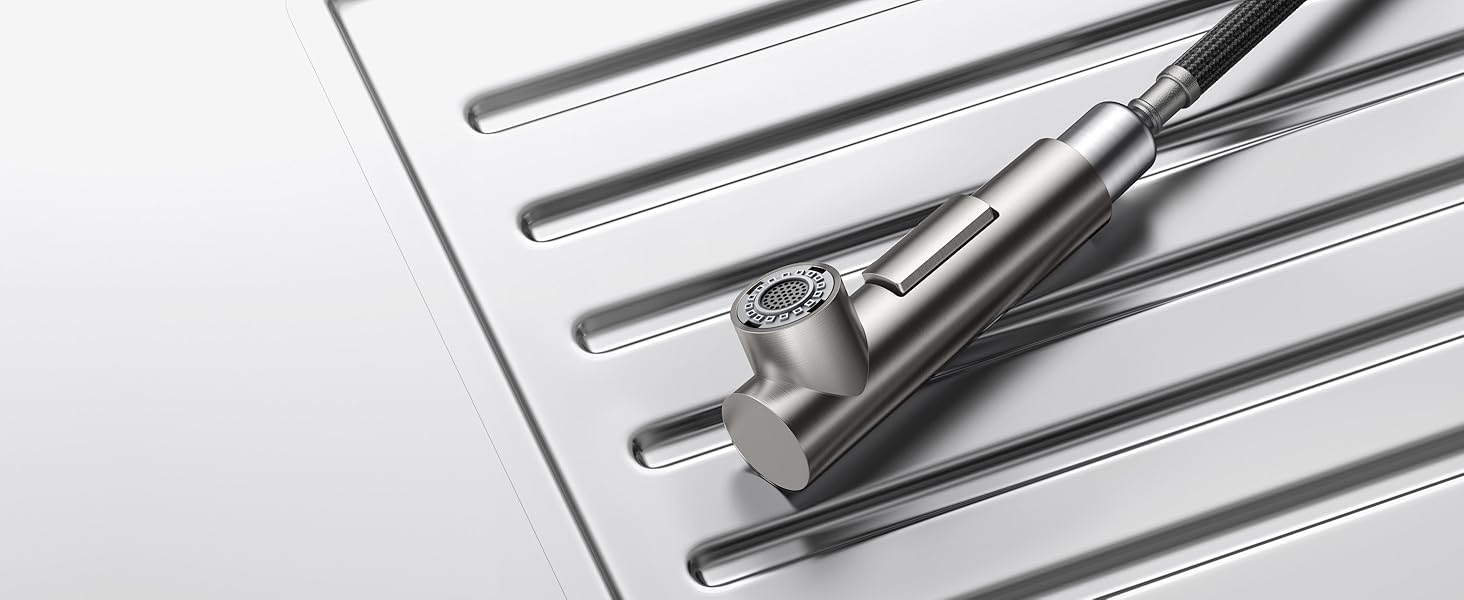 Змішувач кухонний FORIOUS висувний з душем, шланговий, нержавіюча сталь, 360° обертання, 2 режими, L-подібний