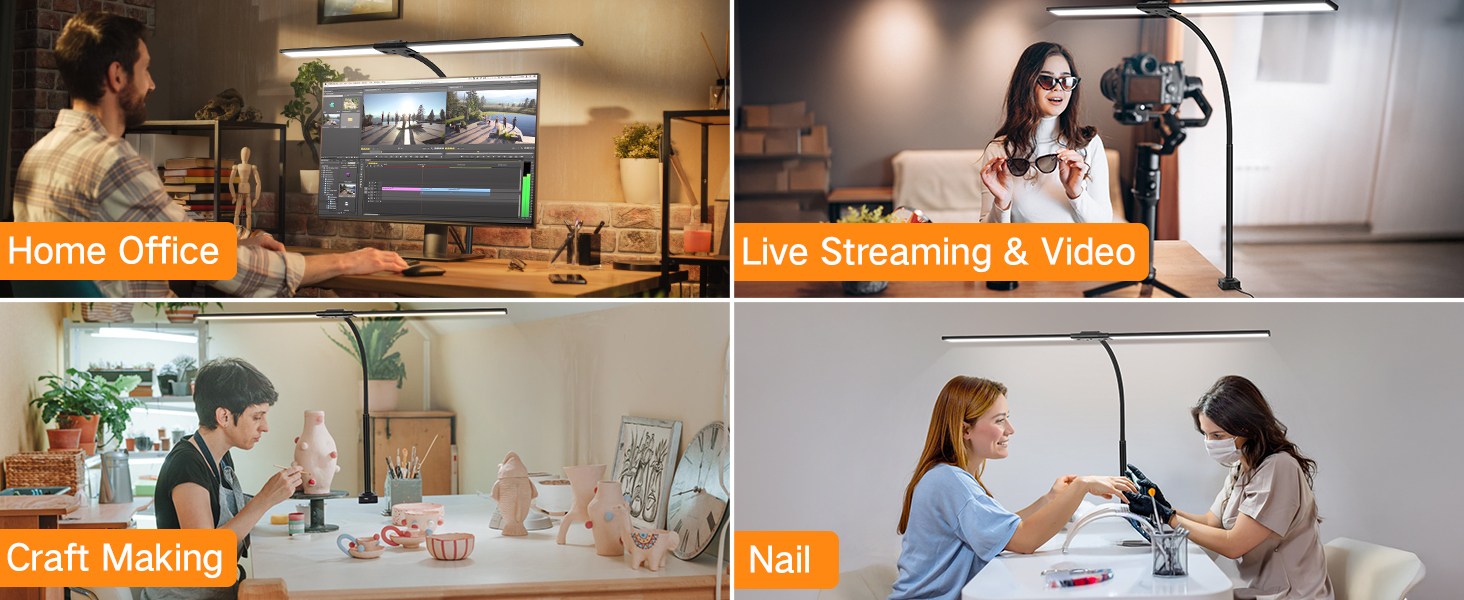 OUTON LED лампа настільна з двома головками, 85.5 см, USB-A & C, регульована яскравість 1600LM, 5 температур кольору, таймер, кріплення, для офісу та дому, чорний