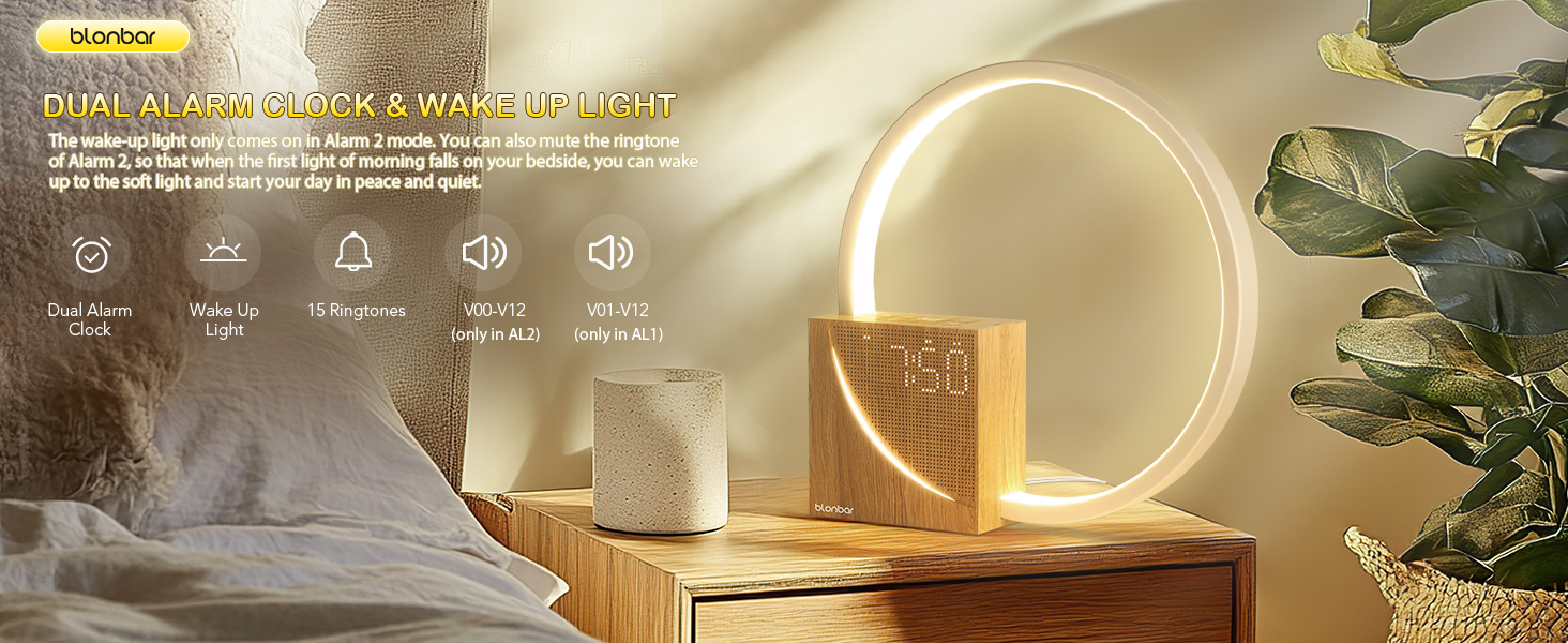 Нічна лампа Blonbar 10W з USB-зарядкою, будильник-світло, сенсорне керування, регулювання яскравості, нічник для дітей та дорослих, 3 рівні яскравості, для спальні та вітальні