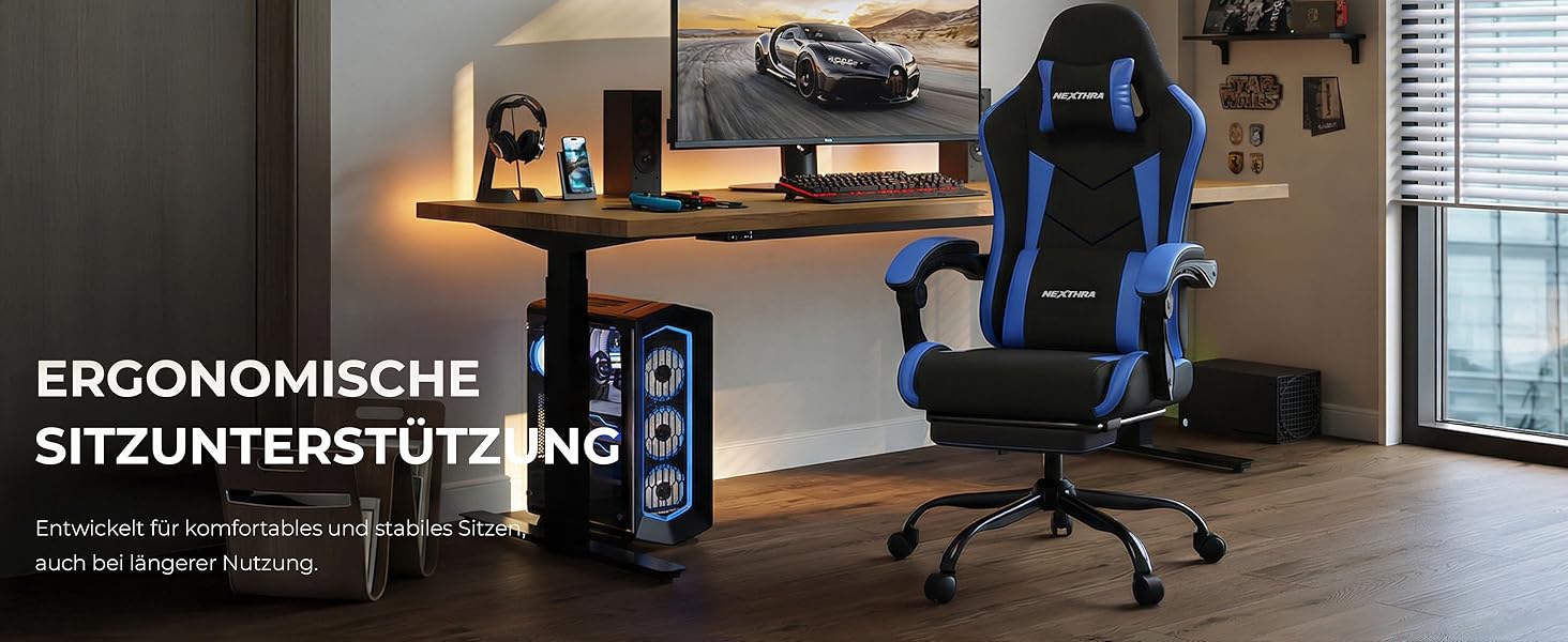 Геймерське крісло Nexthra Ergonomisch з підставкою для ніг, до 180 кг, блакитне. Офісне крісло для геймінгу та роботи, з регульованою спинкою 150°