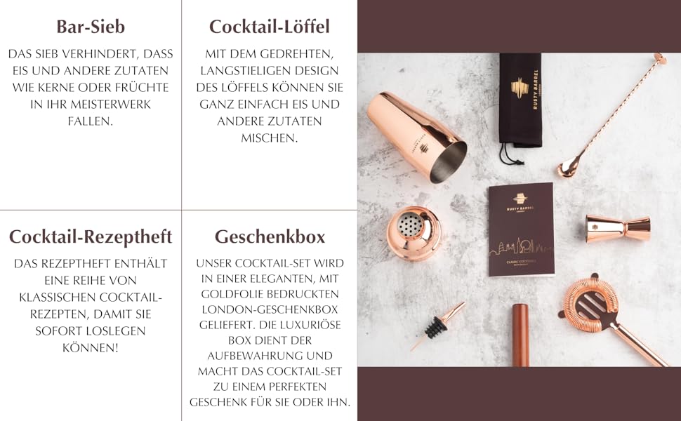 Rusty Barrel Roségold Cocktail Shaker Set - Premium Stainless Steel Bar Set with Shaker, Muddler, Strainer, Jigger, Spout, Spoon, Recipe Book & Gift Box