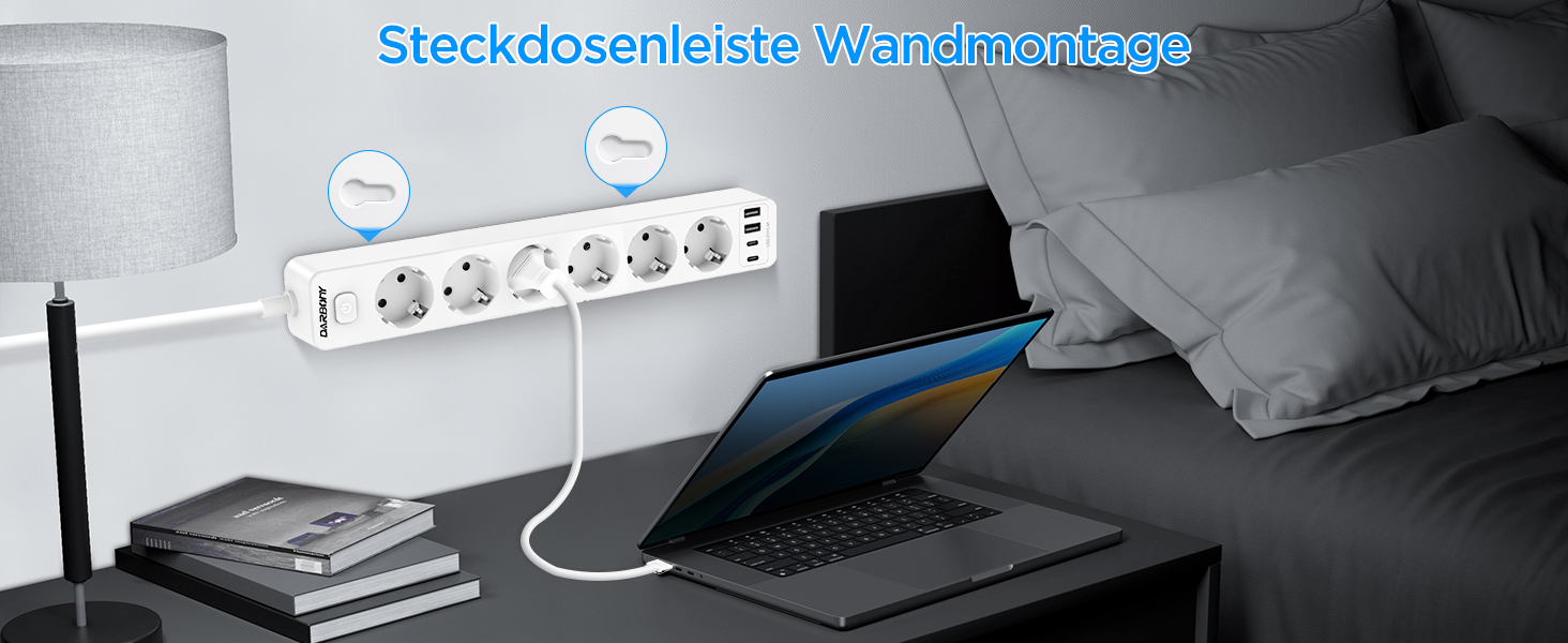 Мережевий фільтр з 4 USB та 6 розеток з вимикачем, для кухні, офісу, 3680W, 16A, 2 Type-C, білий кабель 1.8м