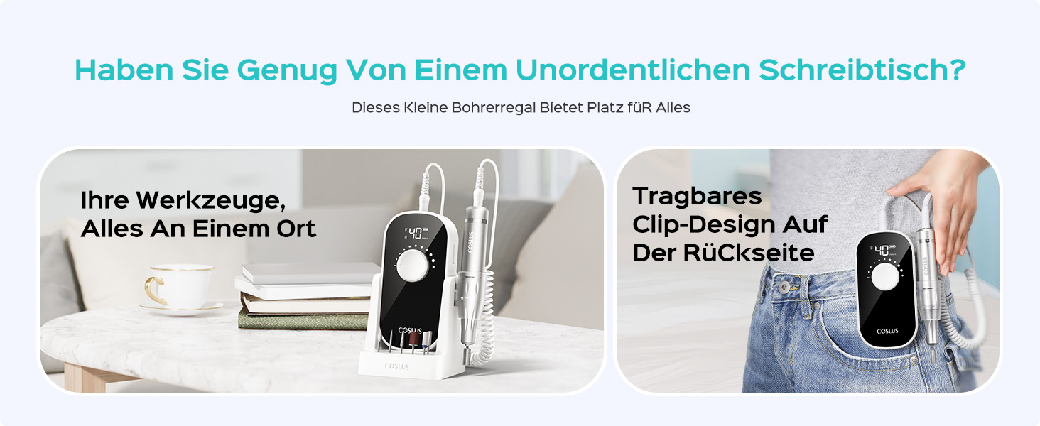 Електрична машинка для манікюру COSLUS 40000 об/хв: професійний набір для догляду за нігтями 6-в-1. Підходить для гелевих та акрилових нігтів, видалення гелю та педикюру. Компактна, тиха, біла.