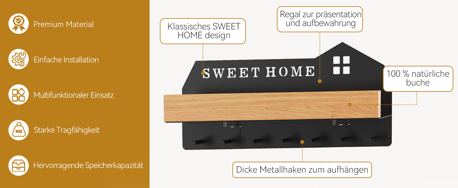 Ключниця настінна з полицею HOME+HOLZ чорна, без свердління, 7 гачків, для коридору, самоклеюча/на шурупах