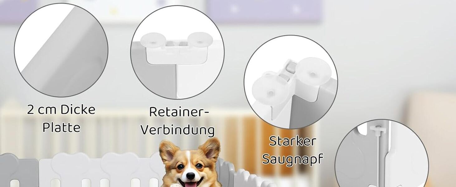 Летворешітка для цуценят Mamizо 60см, сталева та пластикова, з воротами та фіксаторами, для дому та на вулицю (7+1, сіро-біла)