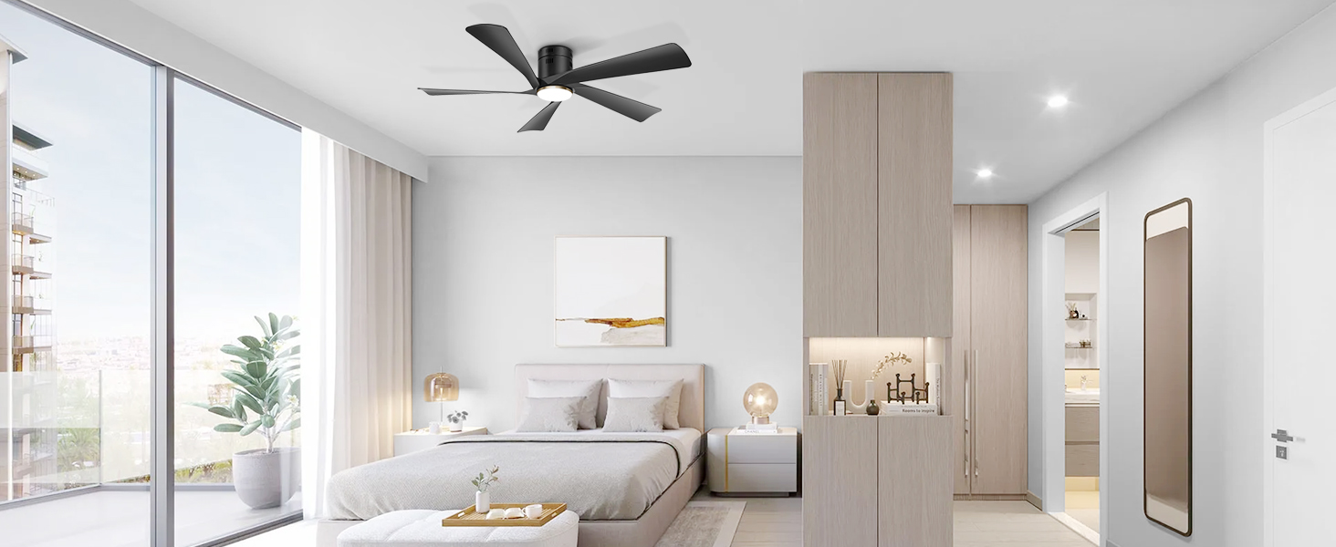 Стеляний вентилятор Ohniyou 132 см (52 дюйми) з підсвіткою, пультом та керуванням через додаток, регульована яскравість, тихий DC-двигун, для спальні, вітальні, тераси, чорний