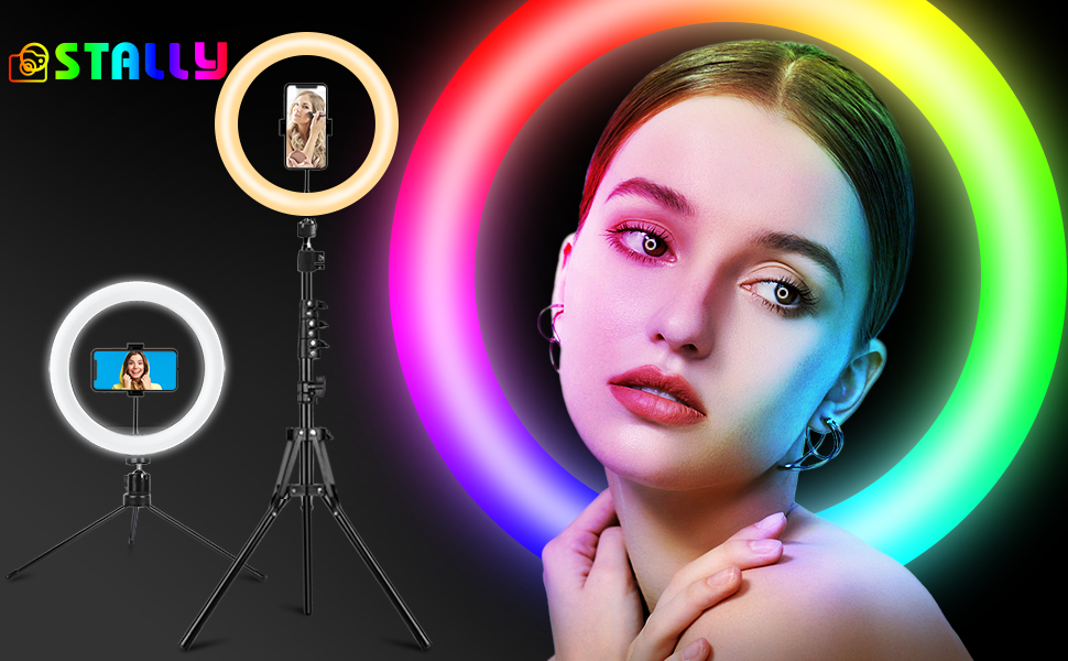 Рінг-лайт 10 дюймів з триподом для телефону, 32 режими RGB, регульована яскравість, для селфі, YouTube, TikTok, макіяжу та фотографії