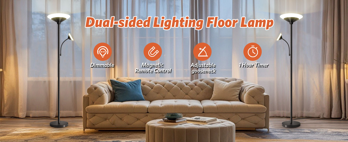 Стельова лампа BBHome для вітальні з LED-підсвіткою 27W та лампою для читання 6W, диммування, керування пультом та сенсором, 3000K-6500K, колір сріблястий