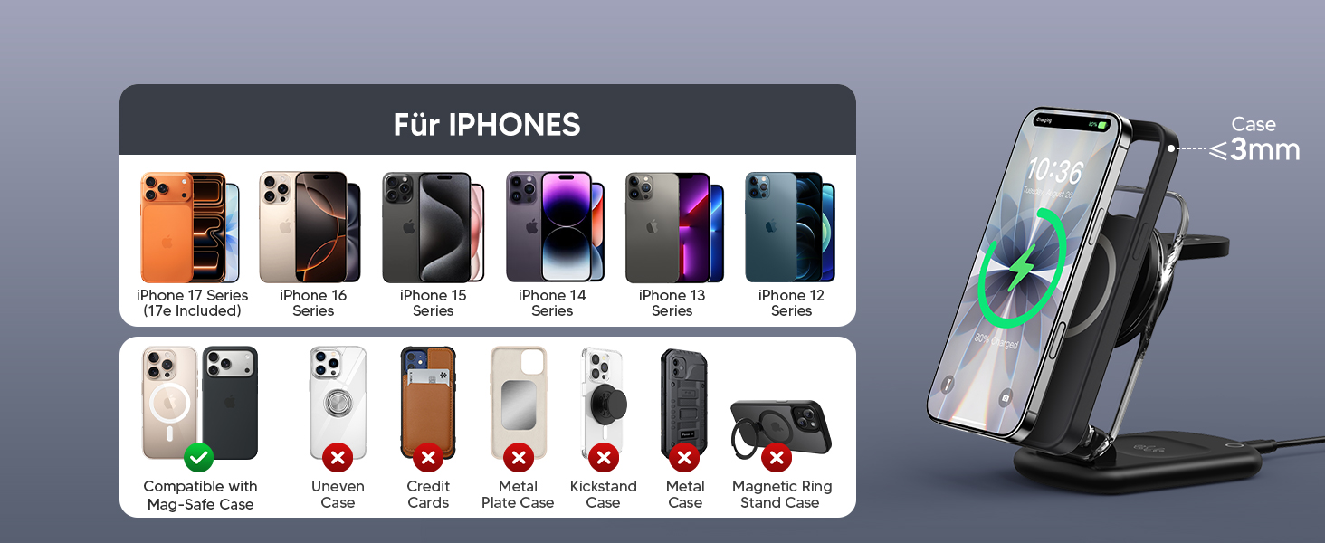 MagSafe зарядна станція 3-в-1 для iPhone 17/16/15/14/13/12 Pro Max/Air/Plus/Pro, Apple Watch 10/9, AirPods 3/2/Pro. Складний карбон, чорний